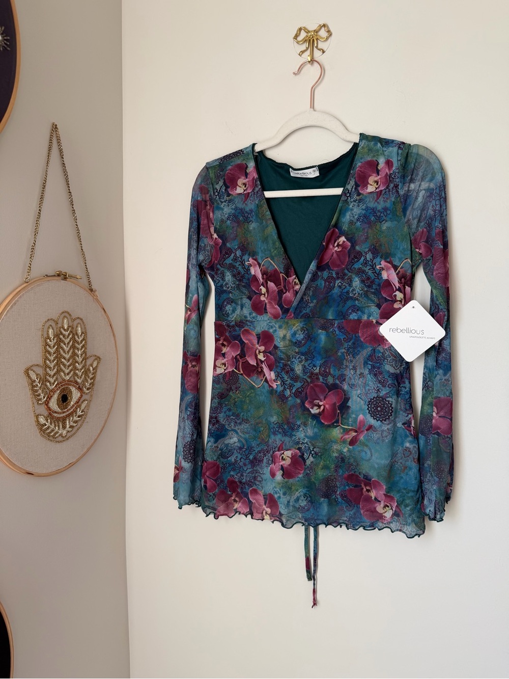 Teal orchid Floral Wrap-Style long sleeve Top